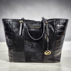 Michael Kors Black Leather Tote Bag Croc Embossed Large Shoulder Purse